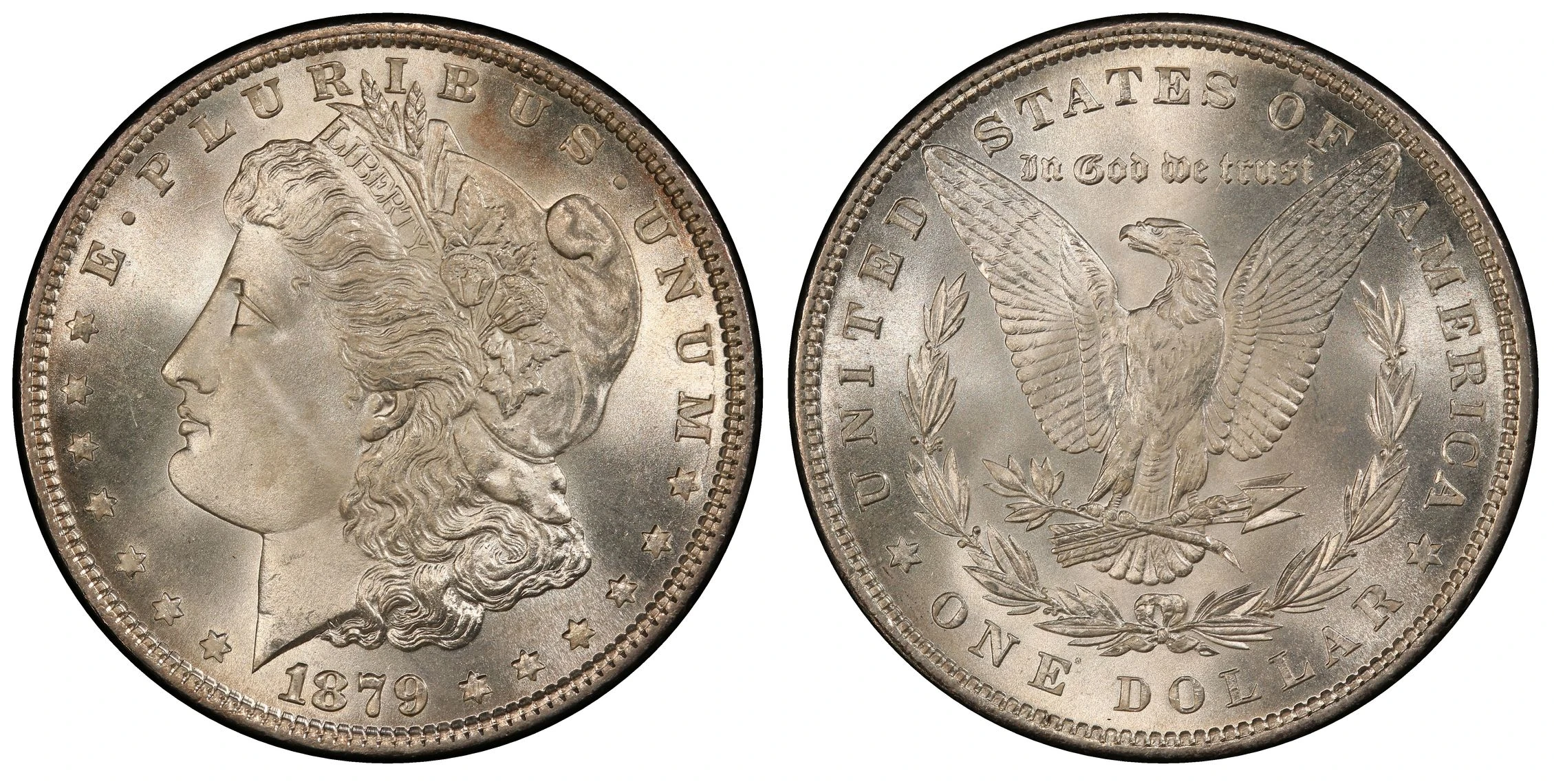 Obverse and reverse of an 1879 Philadelphia Morgan silver dollar, PCGS MS67+