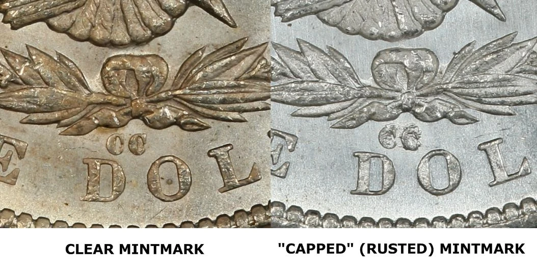 PCGS close-up comparing a clear CC mint mark on the left with a rough Capped Die mint mark on the right