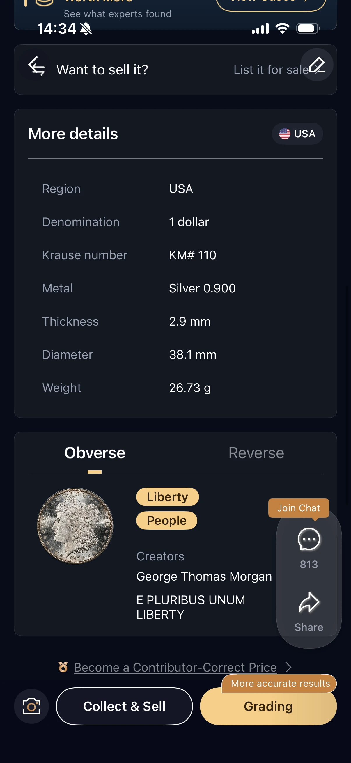 HeriBase detail screen listing USA, 1 dollar, silver 0.900, diameter 38.1 mm and weight 26.73 g