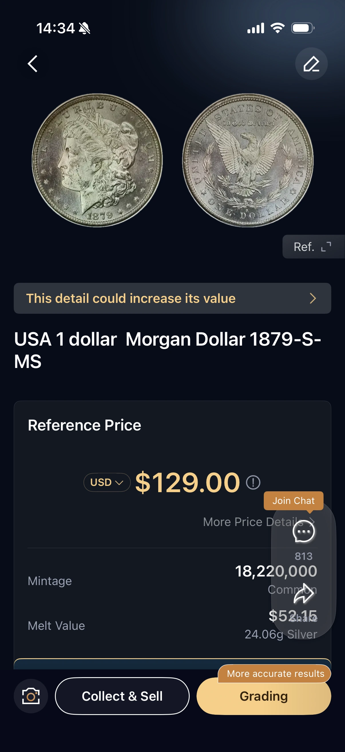HeriBase result labeled USA 1 dollar Morgan Dollar 1879-S-MS, showing a USD 129 reference price and Collect & Sell and Grading controls