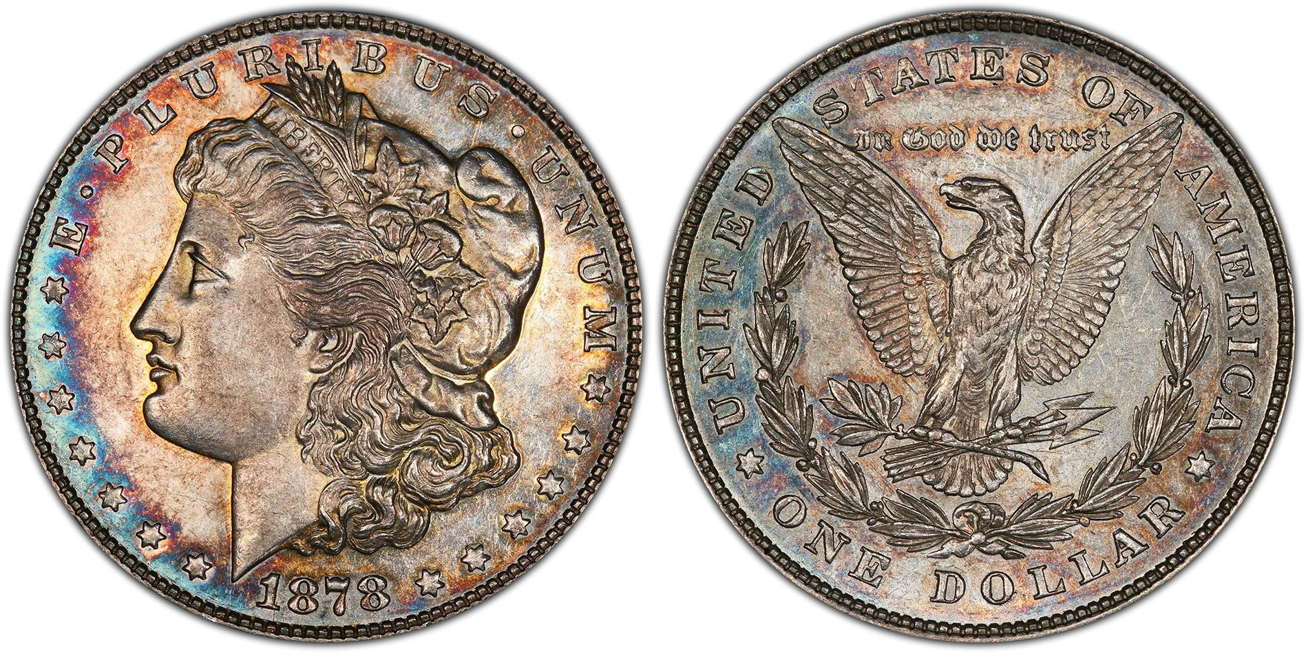 1878 8 Tailfeathers Morgan dollar graded PCGS AU58, obverse and reverse