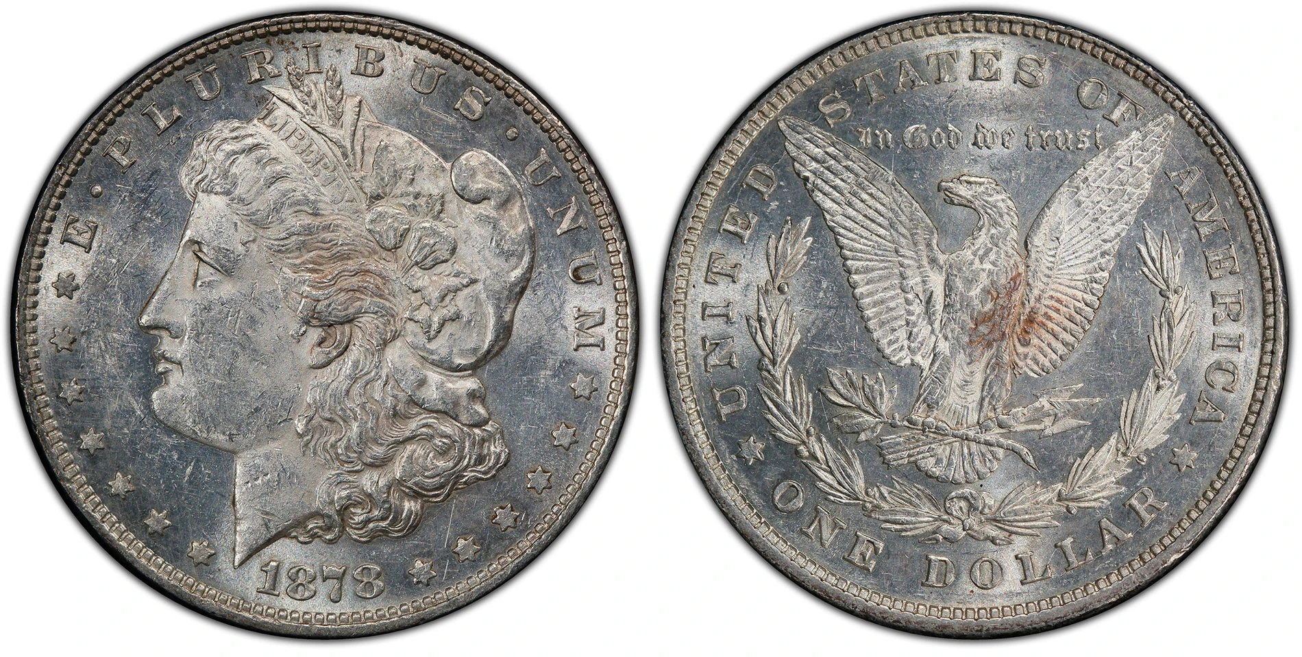 1878 8 Tailfeathers Morgan dollar graded PCGS MS60, obverse and reverse
