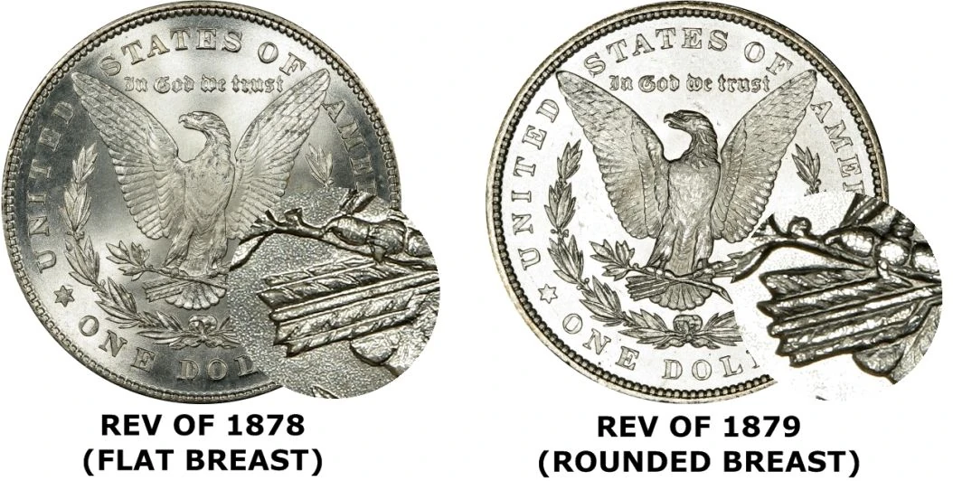 PCGS comparison: Reverse of 1878 with flat eagle breast and parallel top arrow feather, versus Reverse of 1879 with rounded breast and slanting feather