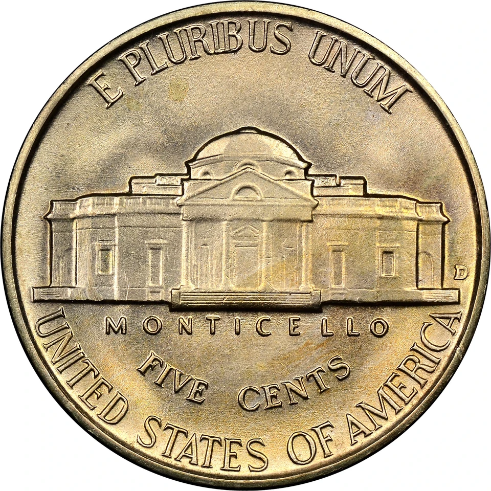 1941 Denver Jefferson nickel reverse; Denver: D mint mark in the red box.