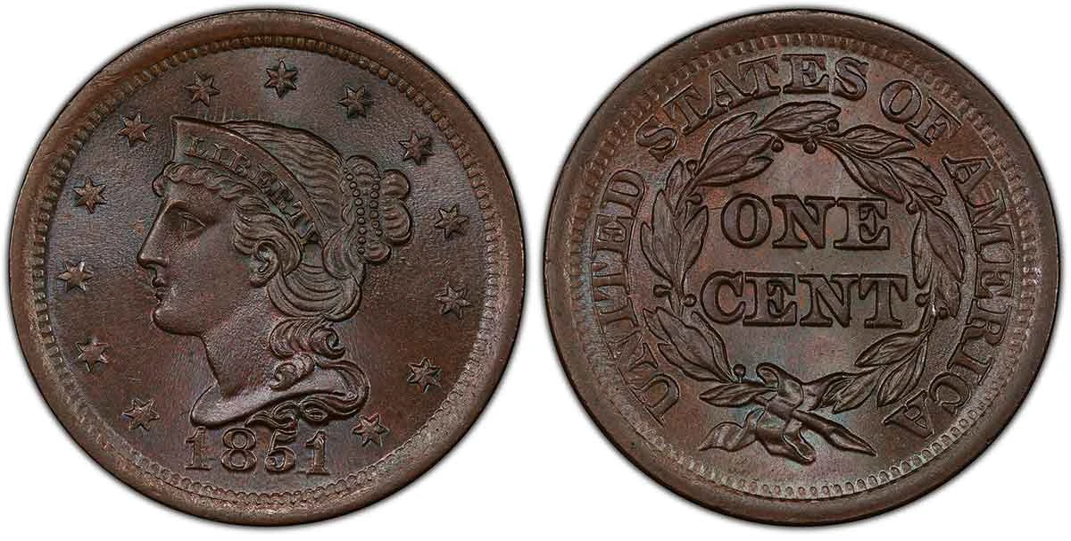 1851 Braided Hair cent graded PCGS MS66+BN, showing BN copper color