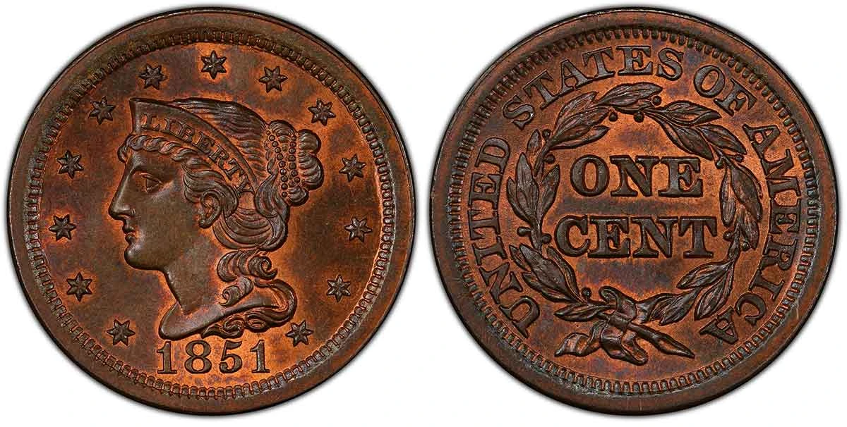 1851 Braided Hair cent graded PCGS MS66RB, showing RB copper color