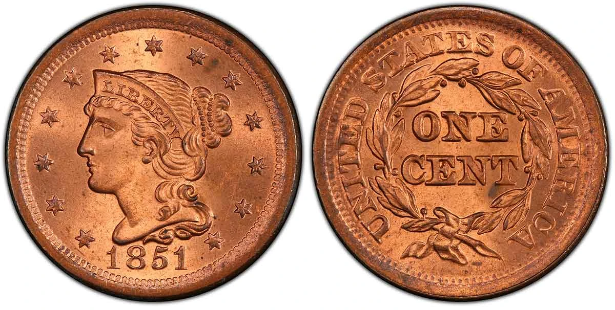 1851 Braided Hair cent graded PCGS MS65+RD, showing RD copper color