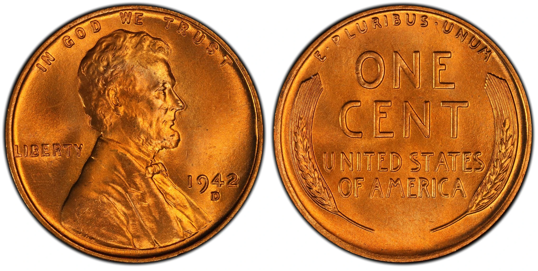 1942-D Lincoln wheat cent with D below the date, PCGS MS68RD