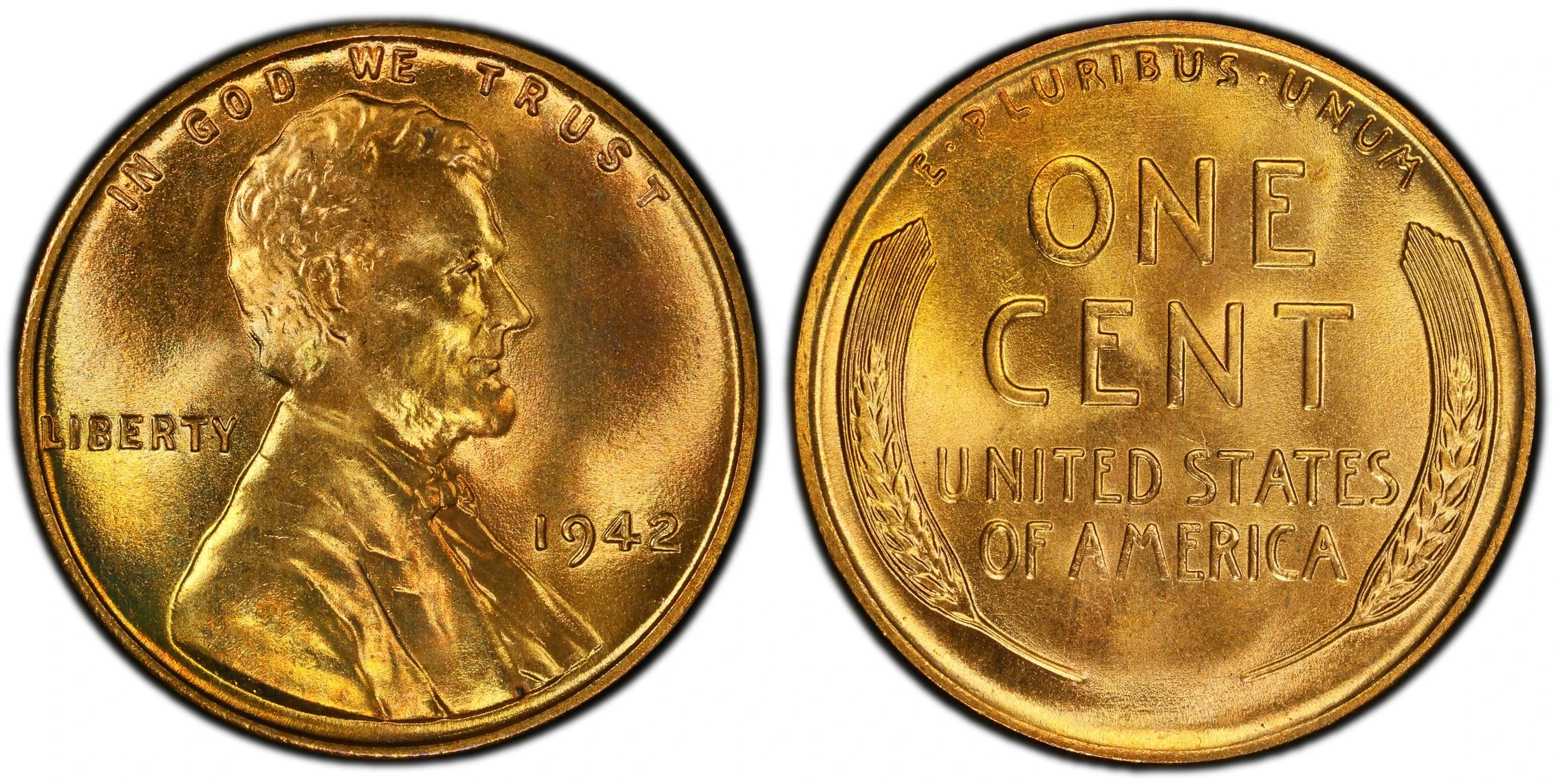 1942 Philadelphia Lincoln wheat cent, obverse and reverse, PCGS MS68RD