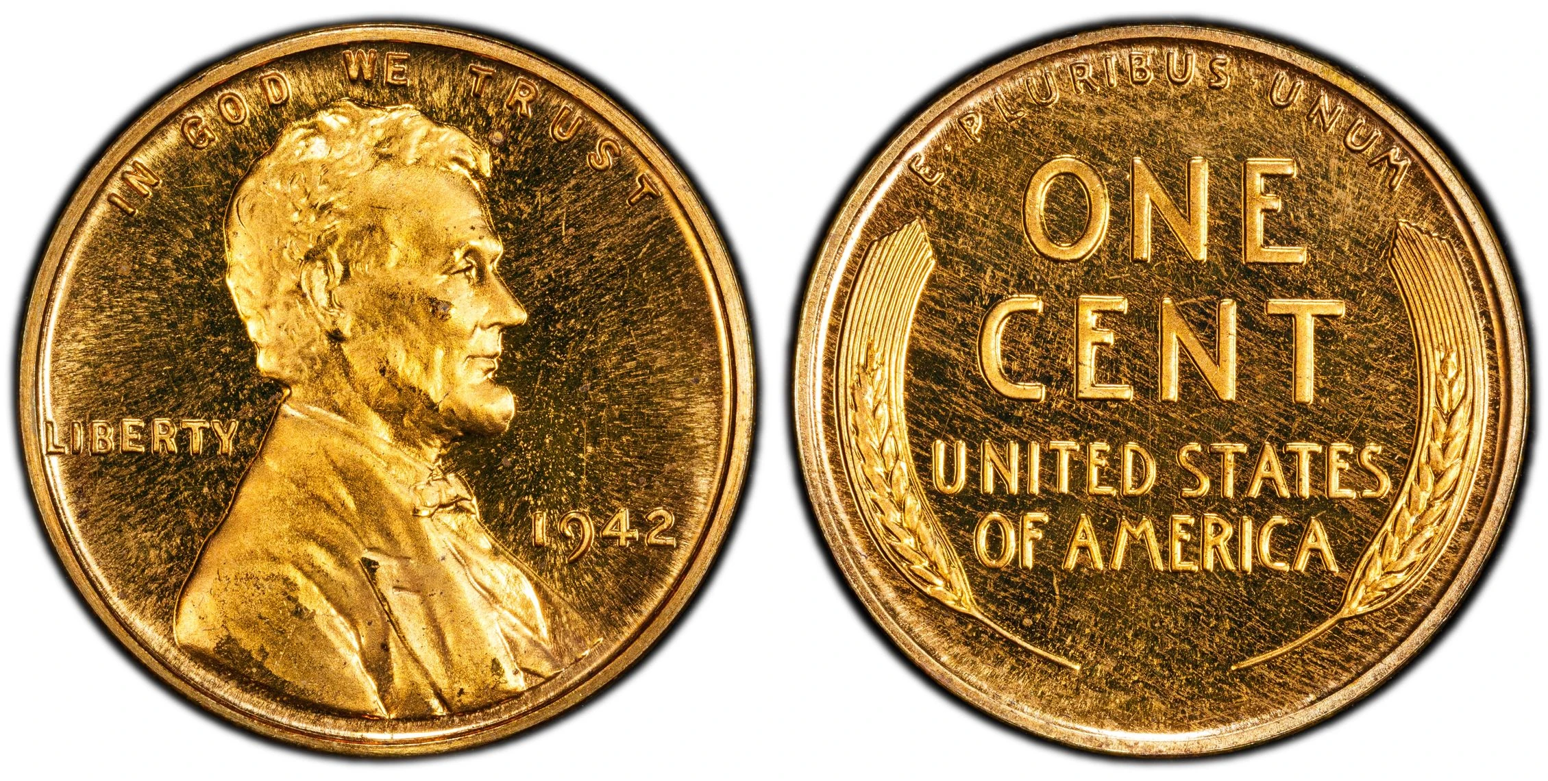 1942 Lincoln proof cent, obverse and reverse, PCGS PR67+RD