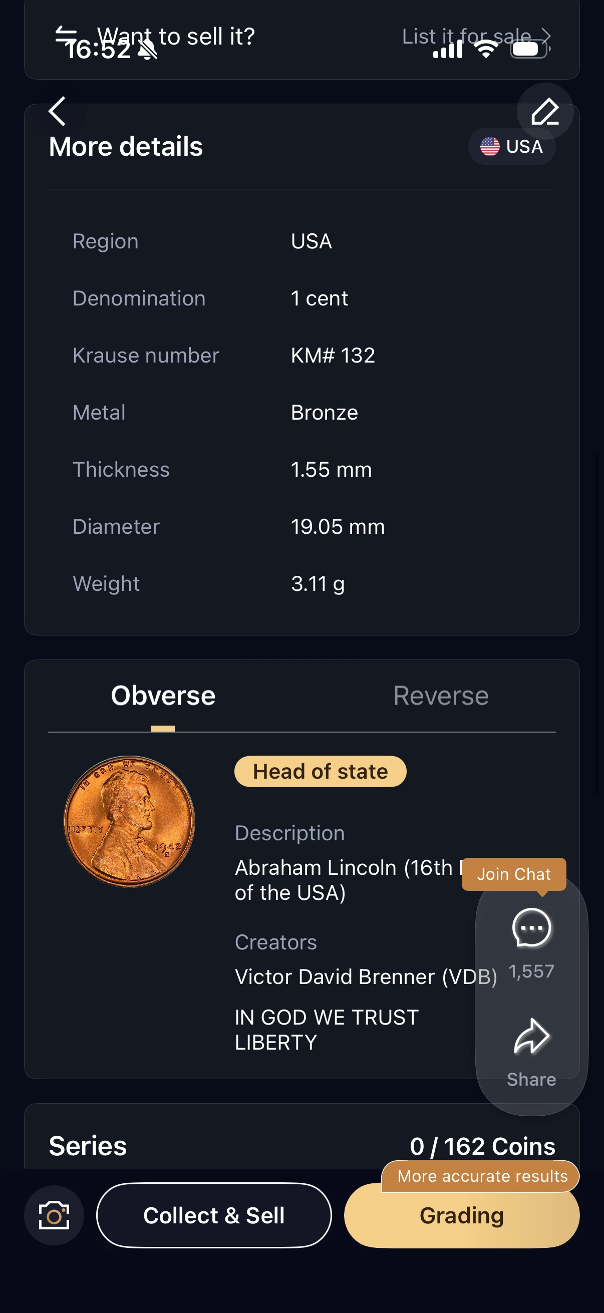 HeriBase details for the 1942 cent: bronze, 3.11 grams, 19.05 mm and Victor David Brenner