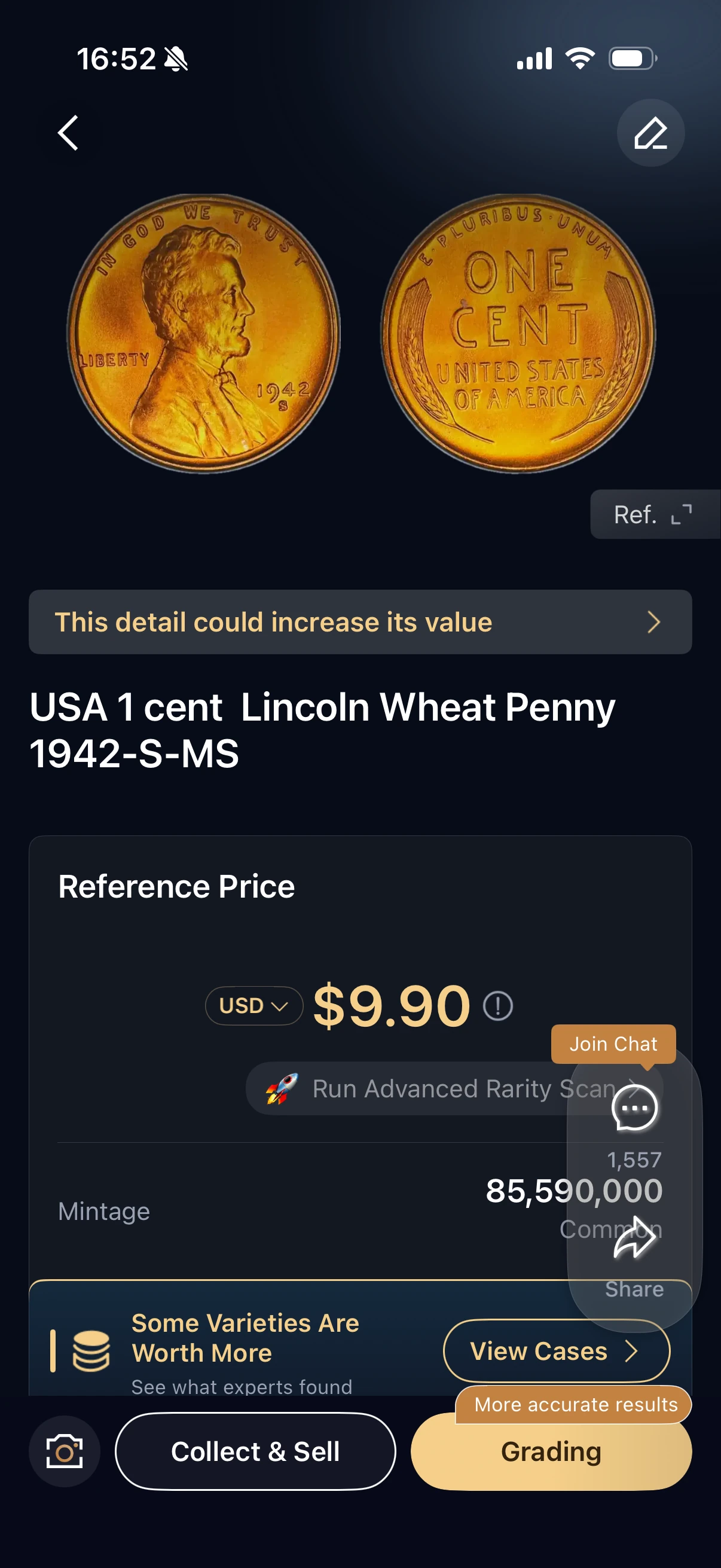 HeriBase identifies a 1942-S-MS Lincoln wheat penny and displays a USD 9.90 reference price