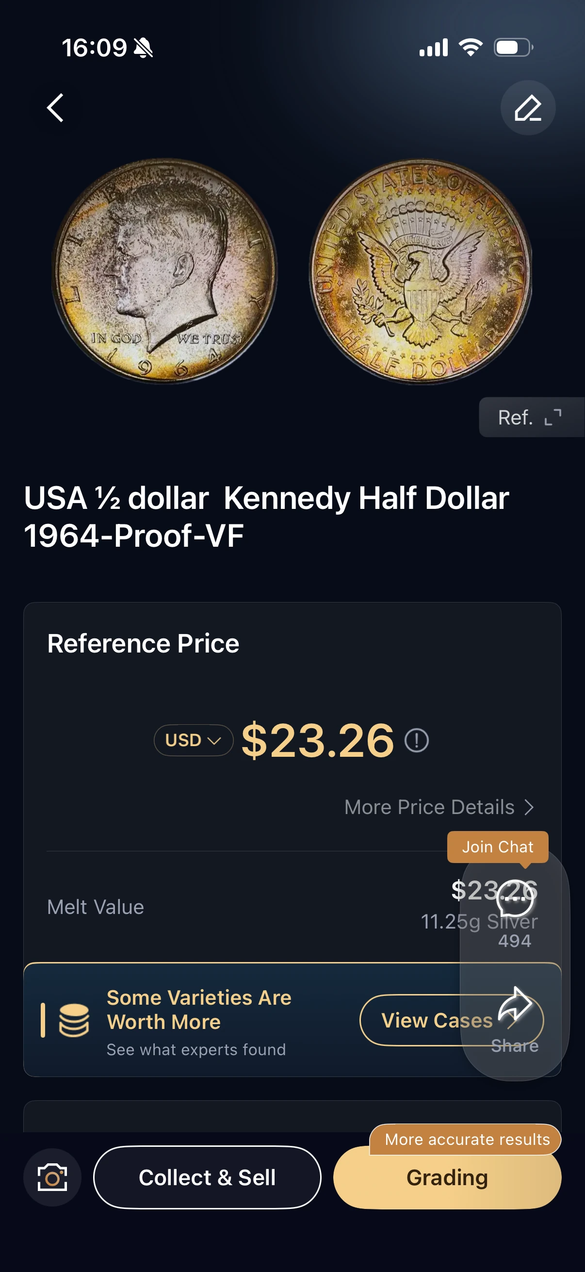 HeriBase 1964 Kennedy half dollar result showing 1964-Proof-VF and a USD 23.26 reference price