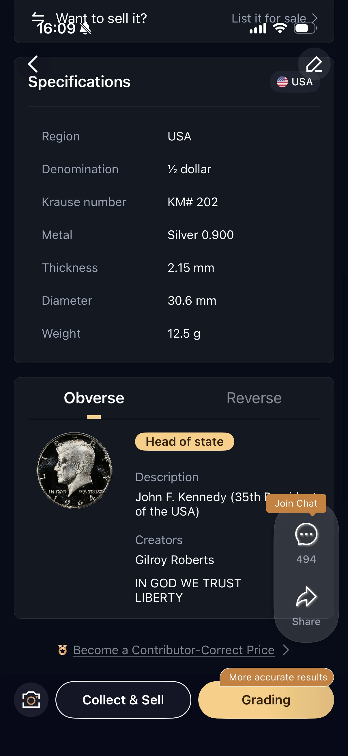 HeriBase specifications showing a half dollar, 90 percent silver, 12.5 grams and 30.6 millimeters
