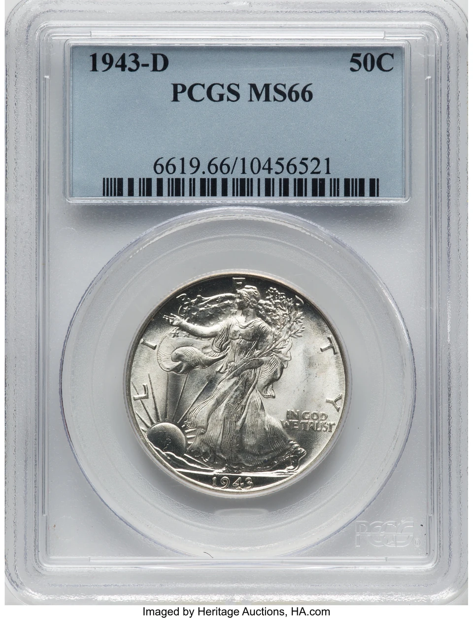1943-D Walking Liberty half dollar, Heritage lot 21273, obverse and holder