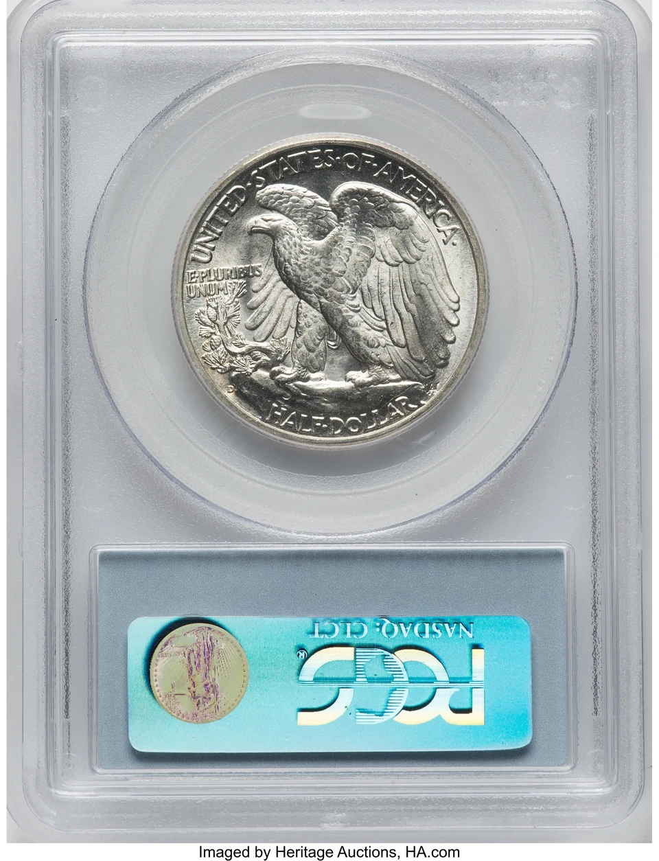 1943-D Walking Liberty half dollar, Heritage lot 21273, reverse and holder