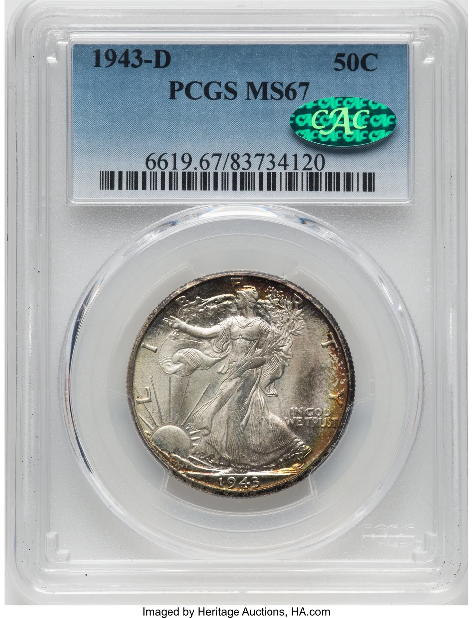 1943-D Walking Liberty half dollar, Heritage lot 21274, obverse and holder
