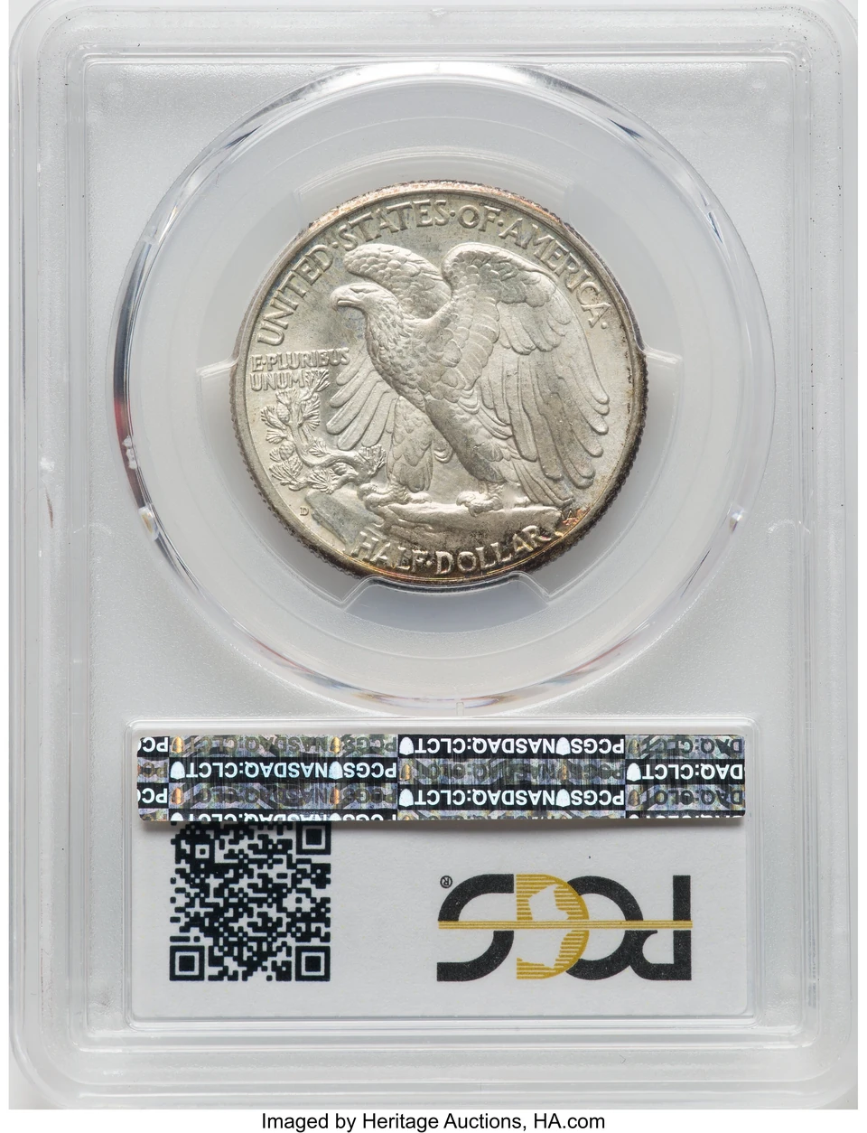 1943-D Walking Liberty half dollar, Heritage lot 21274, reverse and holder