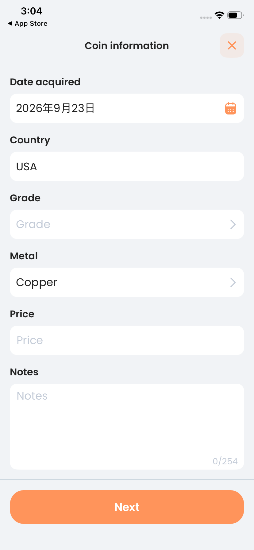 CoinIn form with Grade Metal Price Notes and Next