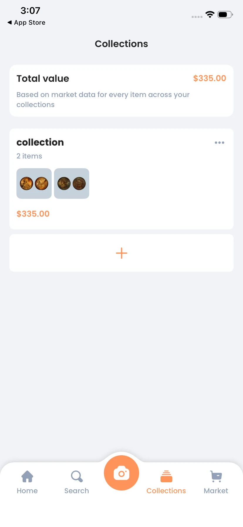 CoinIn Collections overview with $335 total one collection containing two items and a plus control