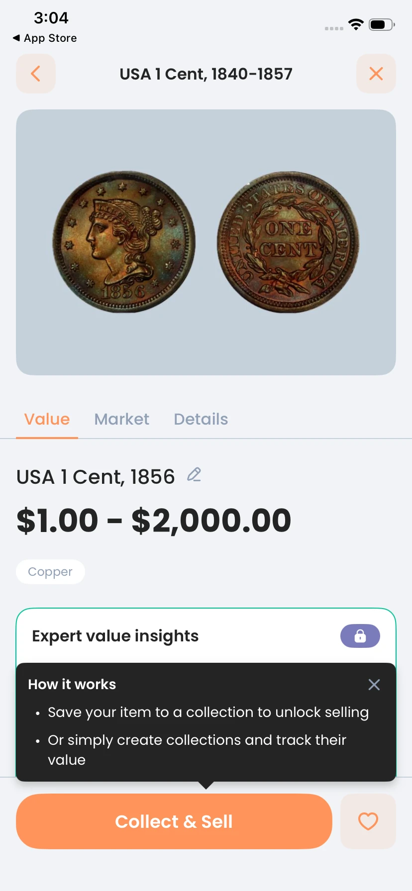 Collect & Sell is the entry point shown on the identification result.