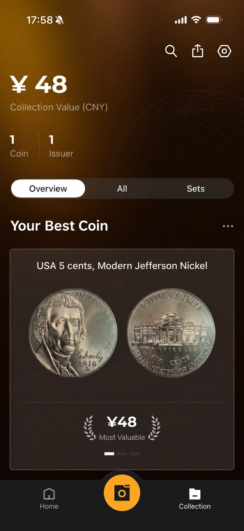 CoinSnap Collection with a Jefferson nickel, CNY 48 total, one coin, one issuer and Overview All Sets tabs