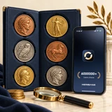 Illustrated coin album beside a smartphone displaying the HeriBase splash screen
