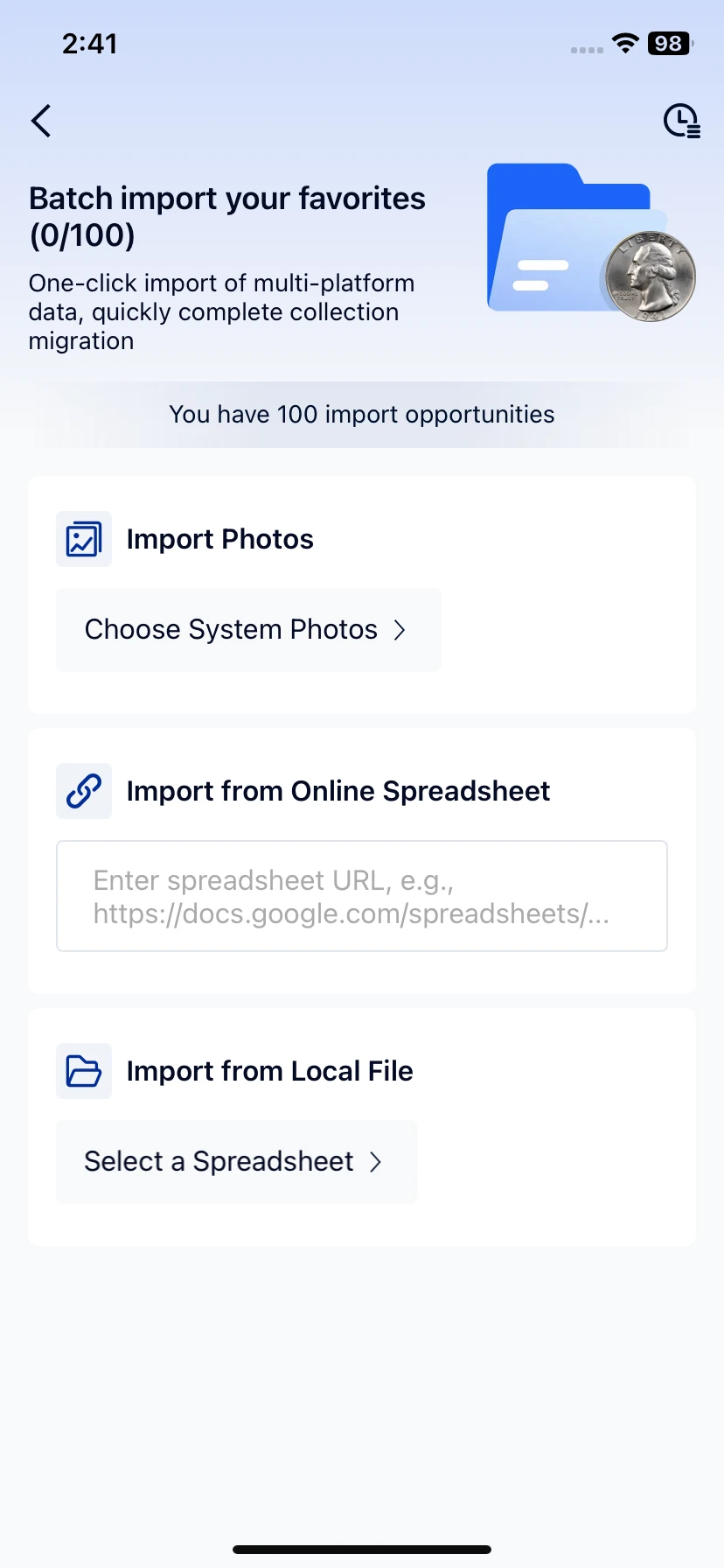Choose system photos, an online spreadsheet or a local spreadsheet.