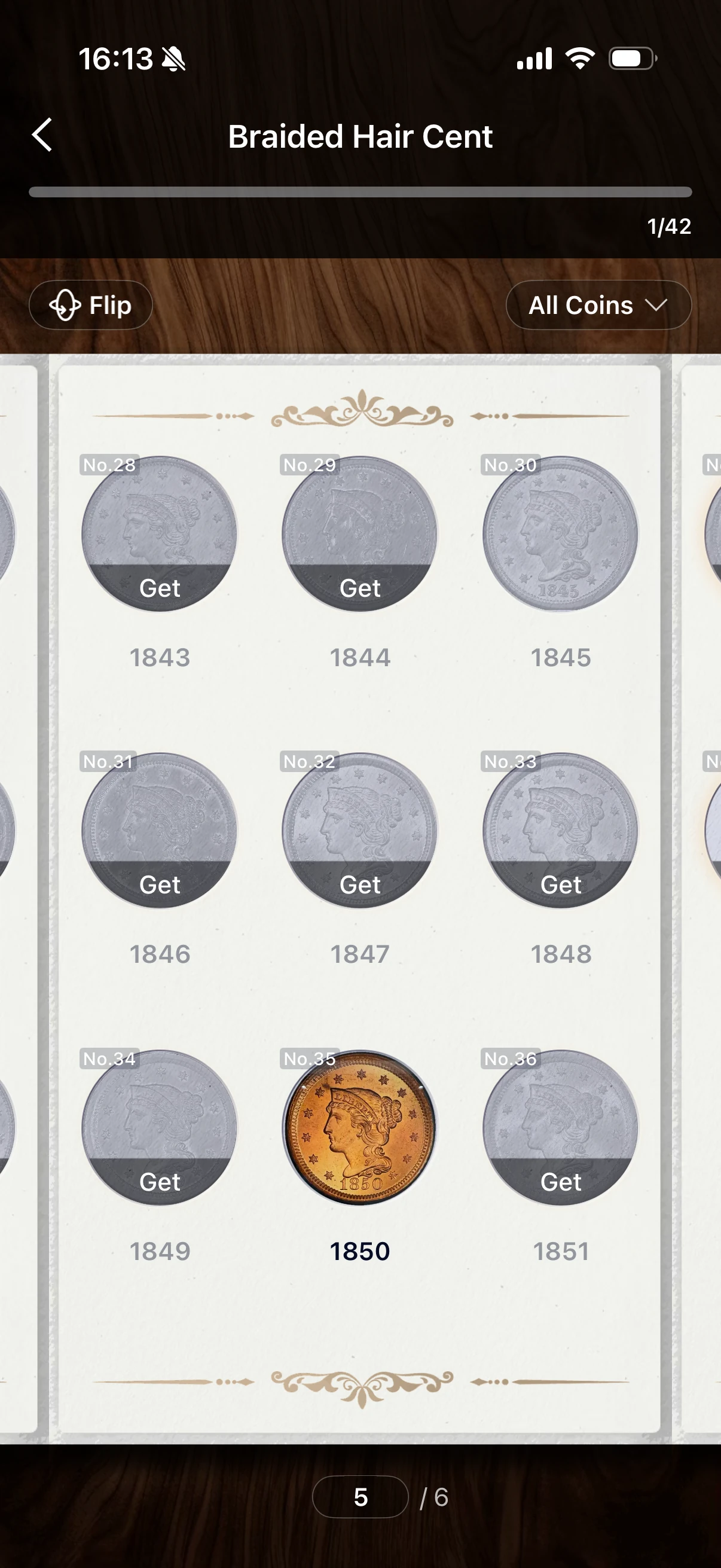 Paged album with a highlighted 1850 coin, gray date positions and 1/42 progress.