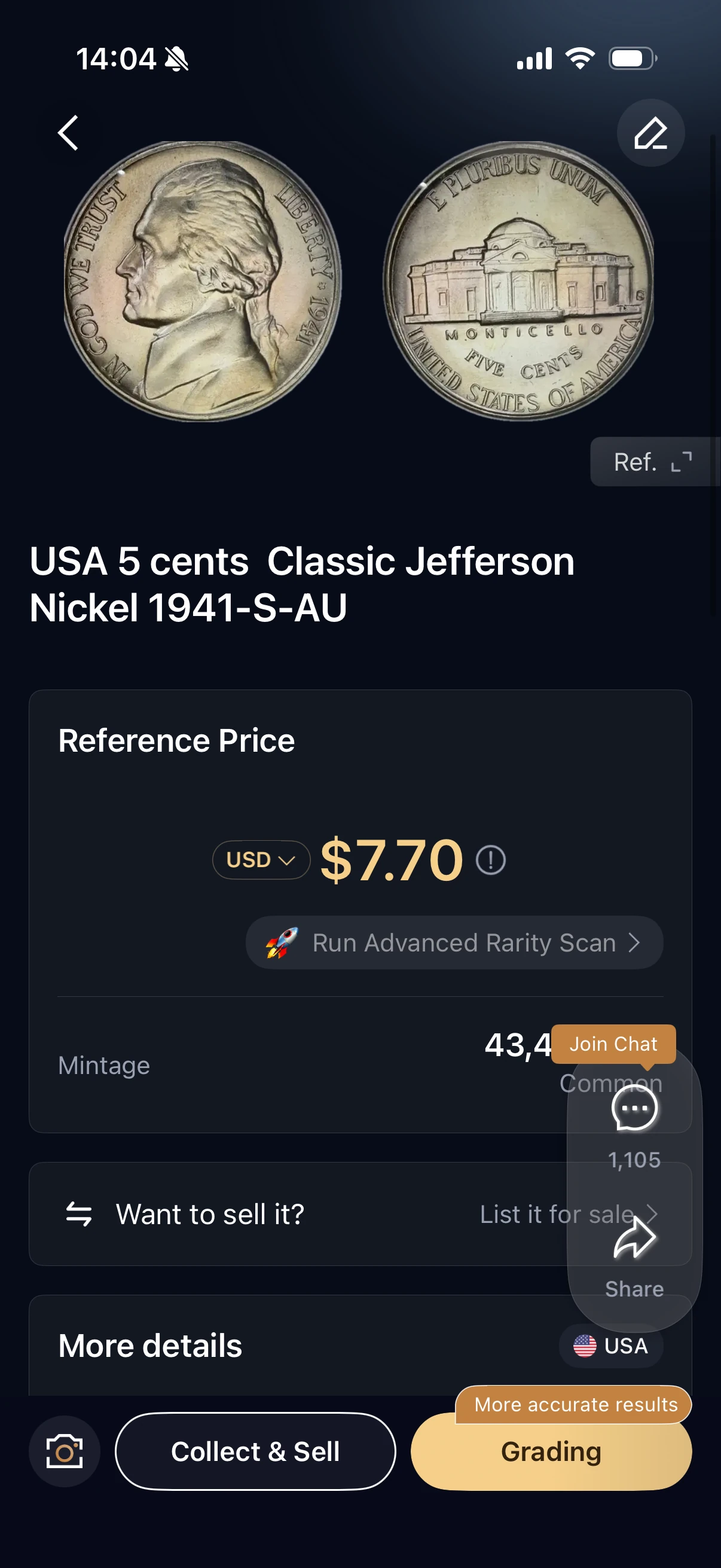 Tap Collect & Sell after reviewing the identified coin.