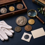 Coin collecting workspace with a display box, coins, magnifying glass and holders