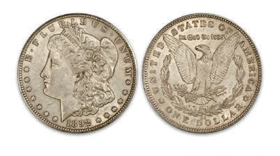 PCGS Morgan dollar grading illustration: AU-50, obverse and reverse