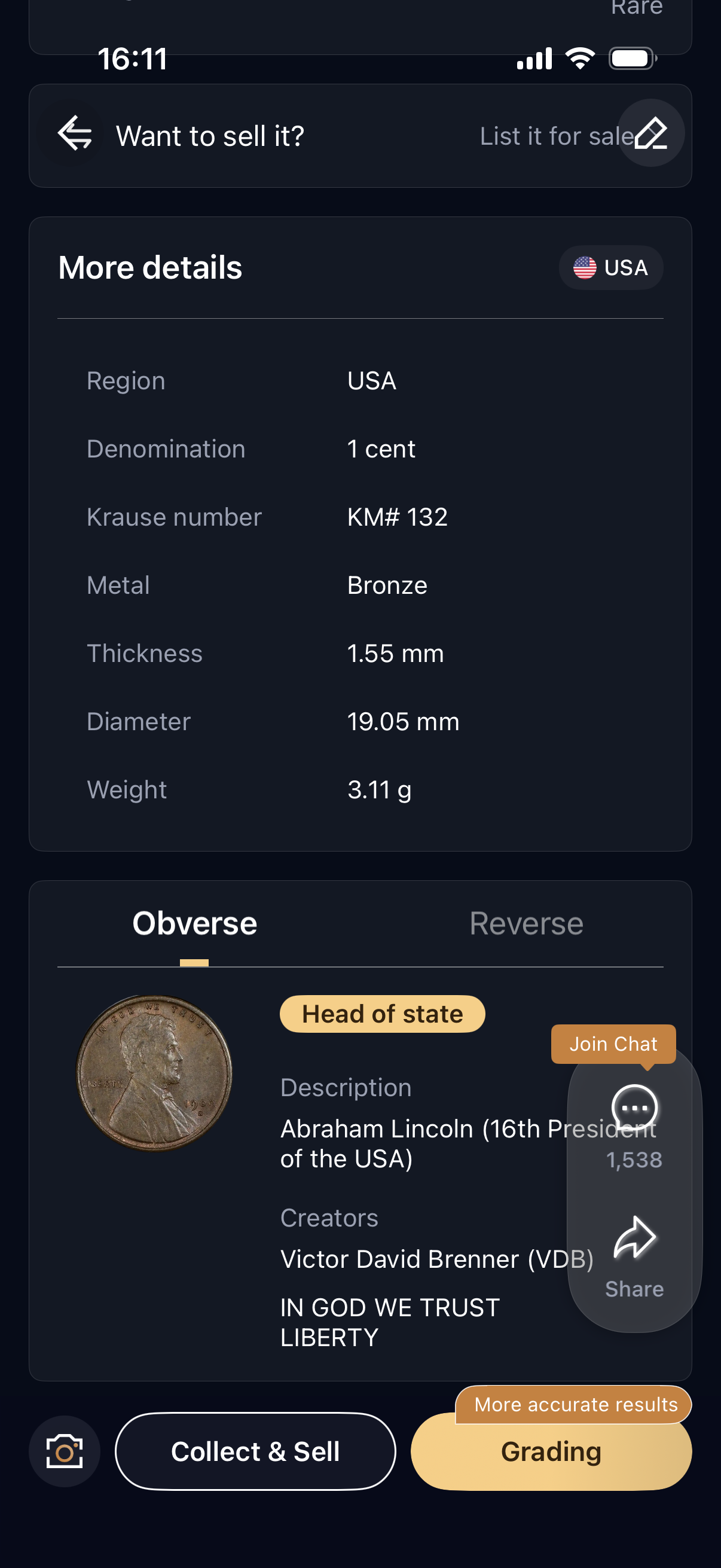 Heritcoin details showing USA, 1 cent, KM 132, bronze, thickness 1.55 mm, diameter 19.05 mm, weight 3.11 g and designer Victor David Brenner