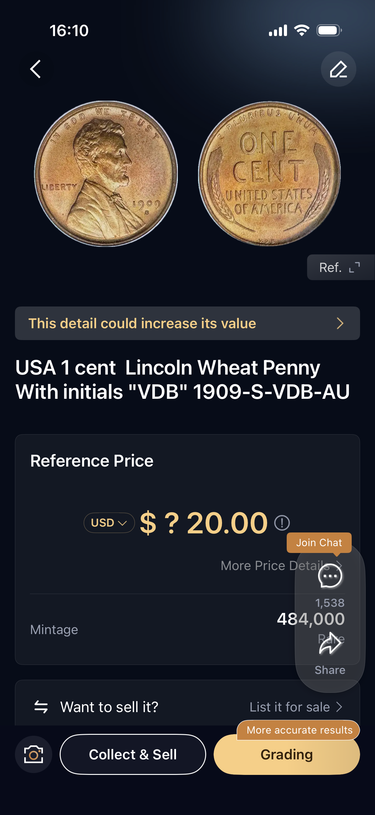 Heritcoin 1909-S-VDB-AU recognition result showing mintage 484,000