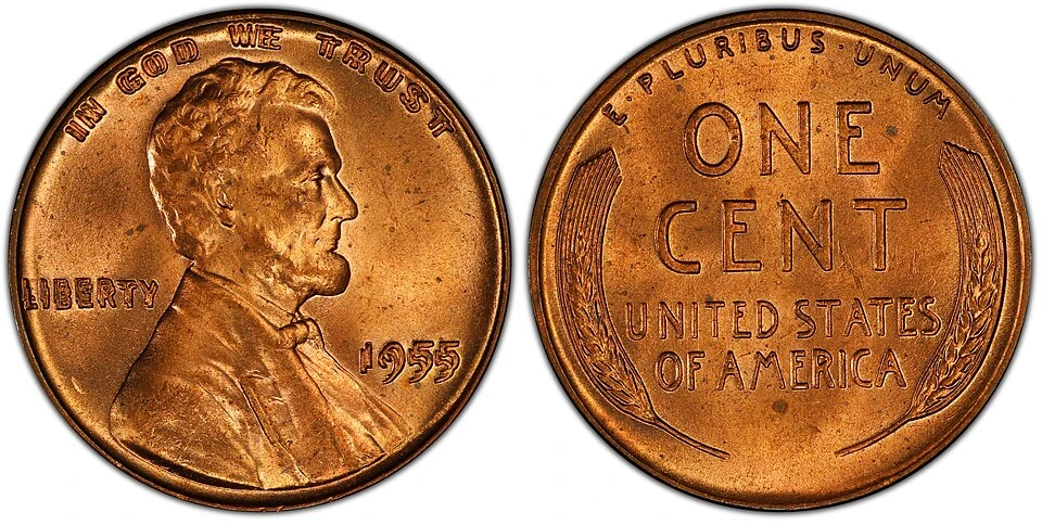 1955 doubled die Lincoln cent, obverse and reverse; inspect the date and obverse lettering for separated doubling