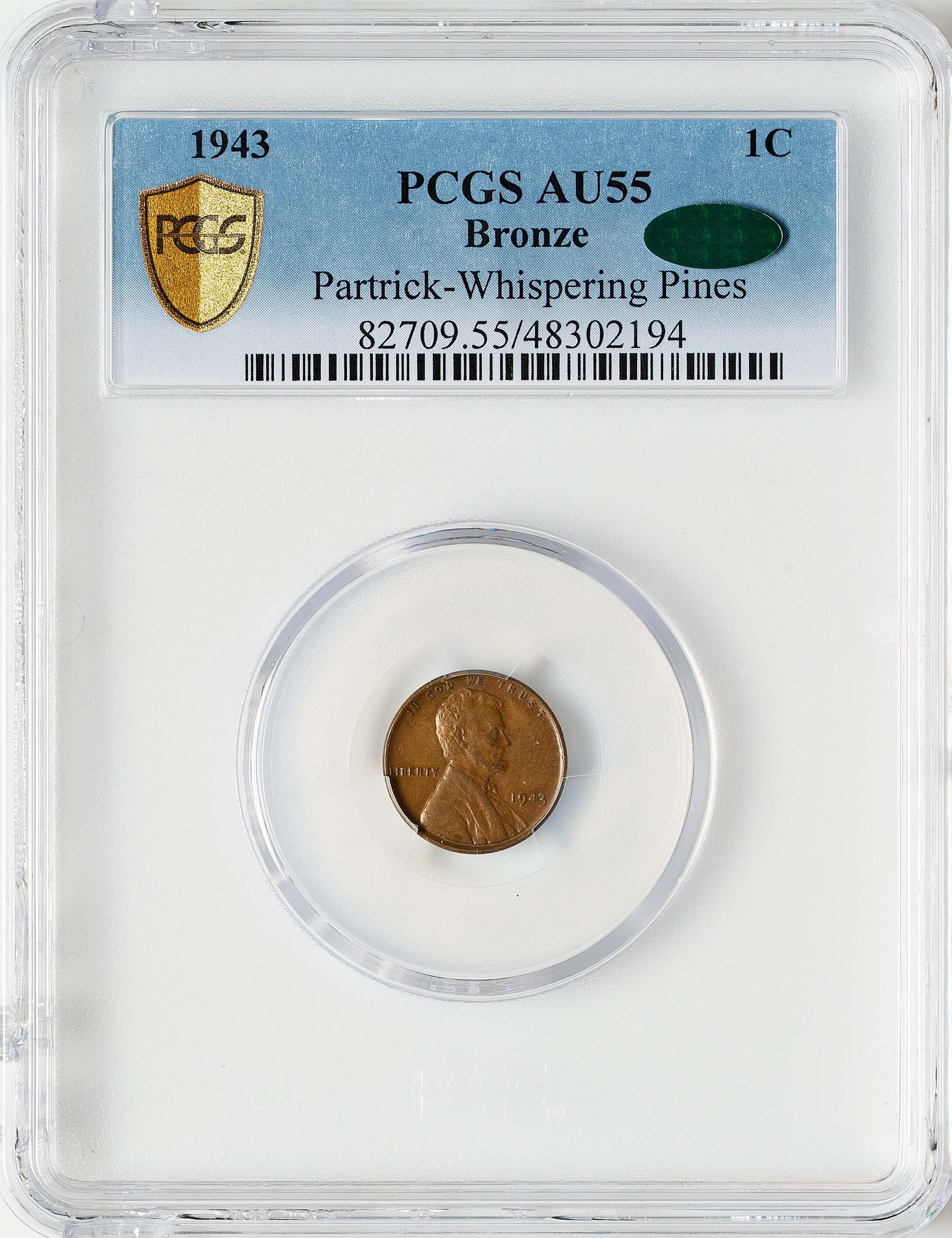 PCGS holder showing 1943 Bronze AU55, Partrick-Whispering Pines pedigree and certificate 48302194