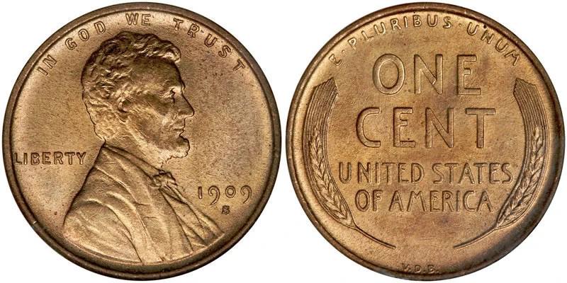 1909-S VDB Lincoln cent: obverse with Lincoln, the 1909 date and S mint mark; reverse with wheat ears and VDB initials