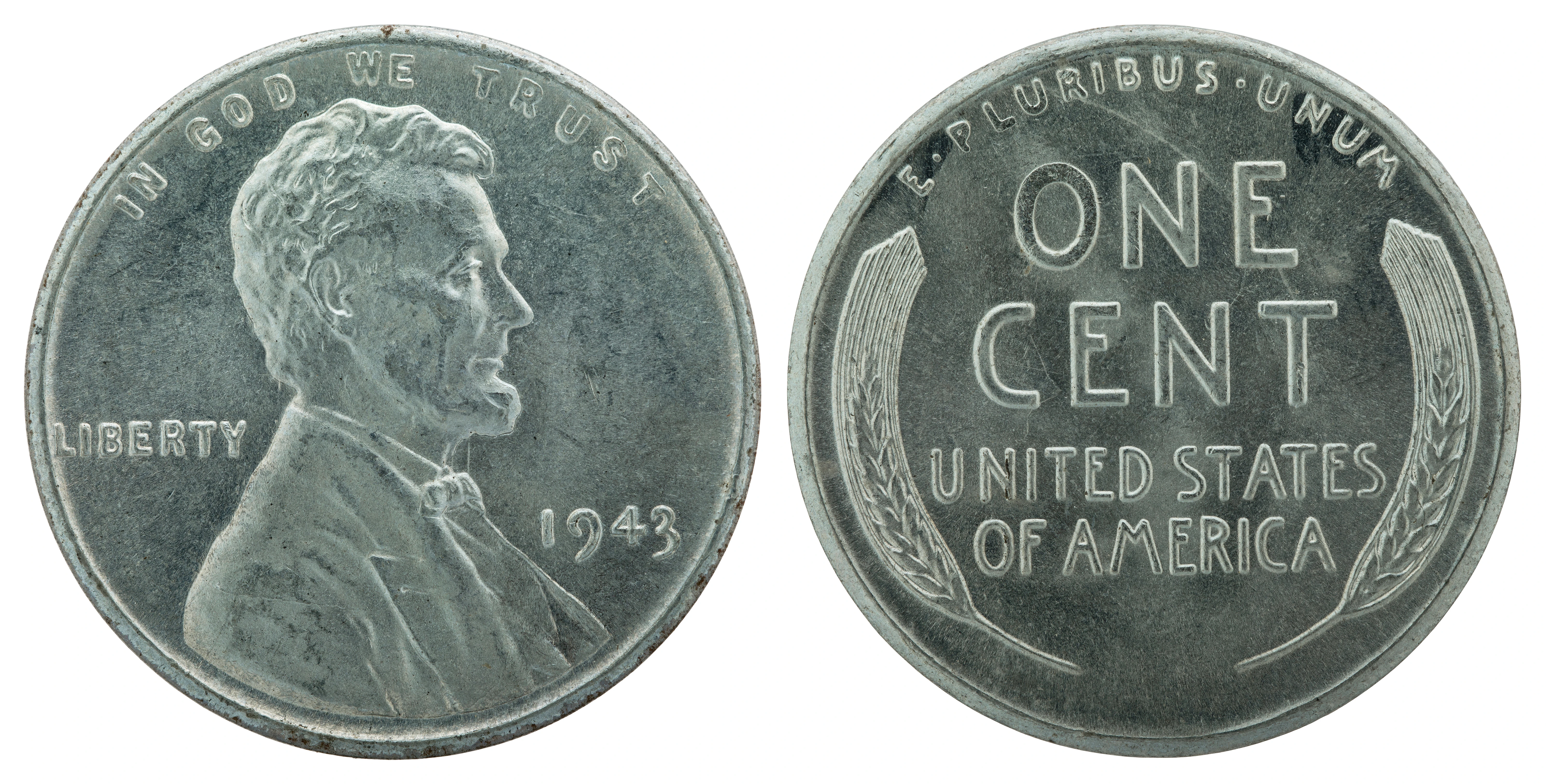 1943 zinc-coated steel Lincoln cent, obverse and wheat reverse, from the National Numismatic Collection