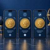 Conceptual illustration of three coin identification apps displayed side by side