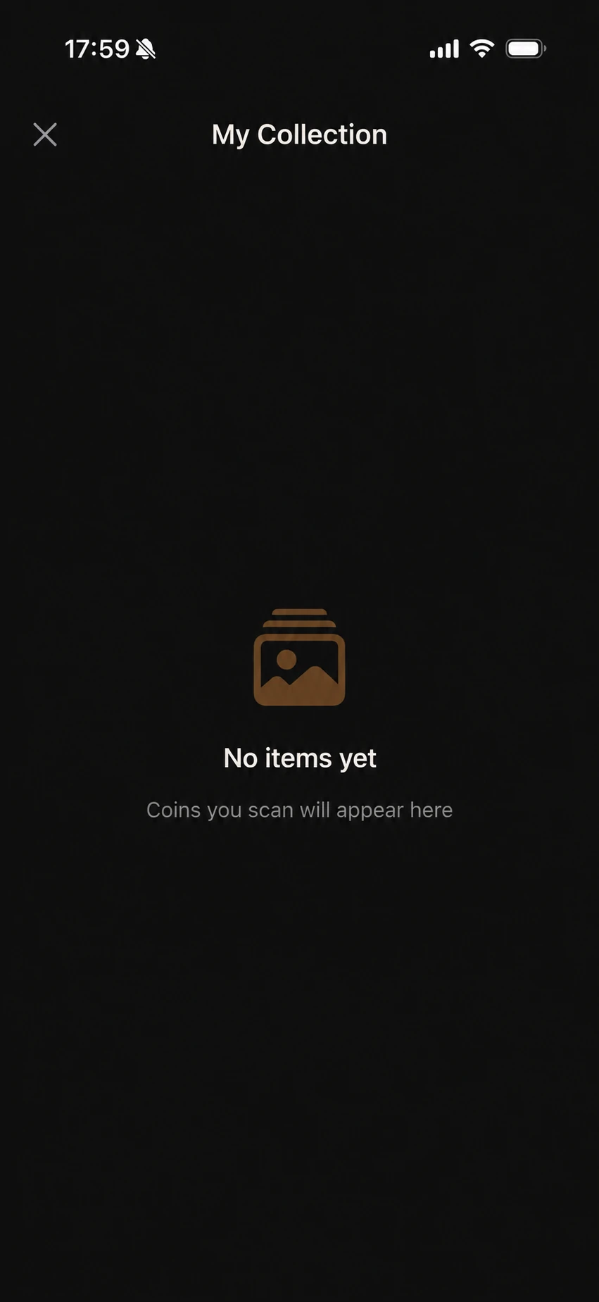 Coinara My Collection empty page stating No items yet and Coins you scan will appear here