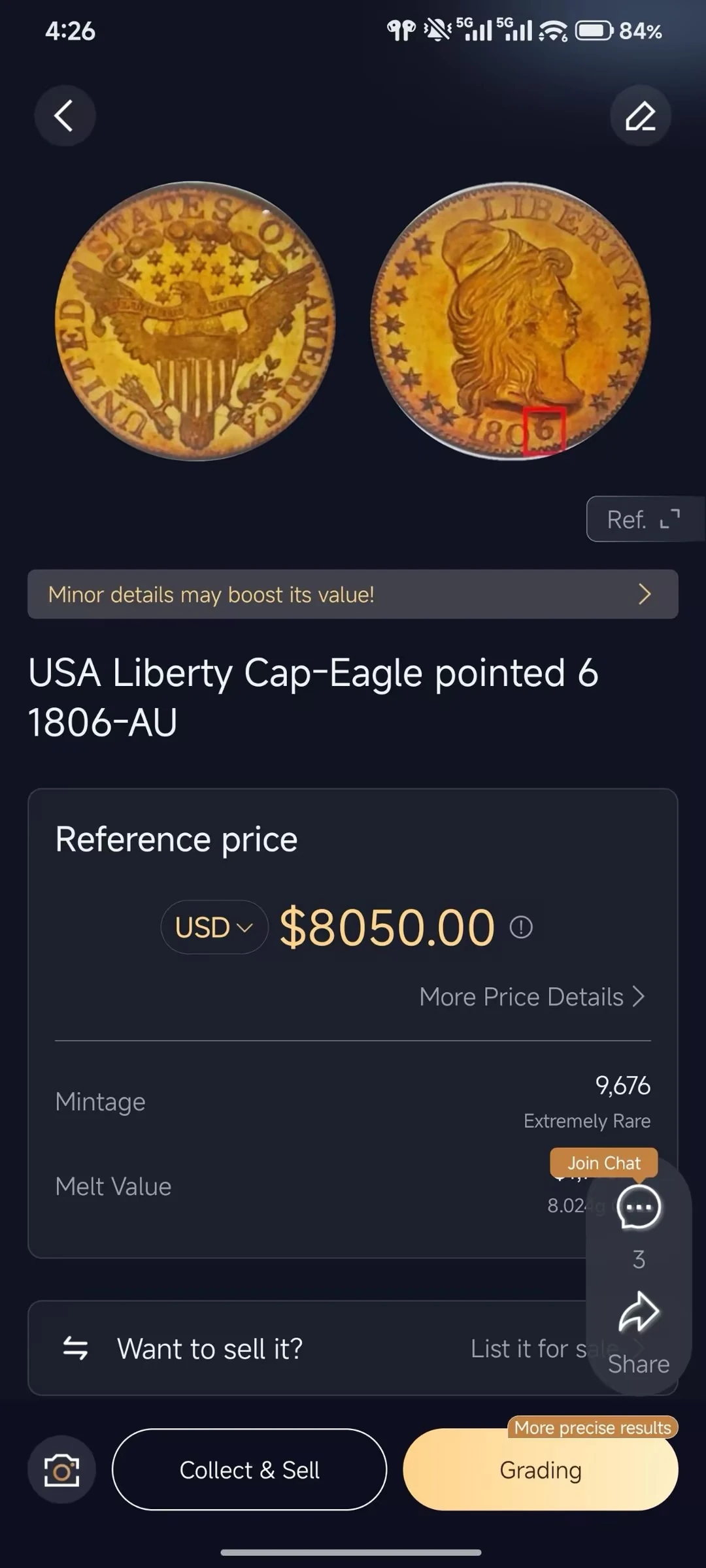 HeriBase result labeled USA Liberty Cap-Eagle pointed 6 1806-AU, with the date digit highlighted and a USD 8,050 reference price