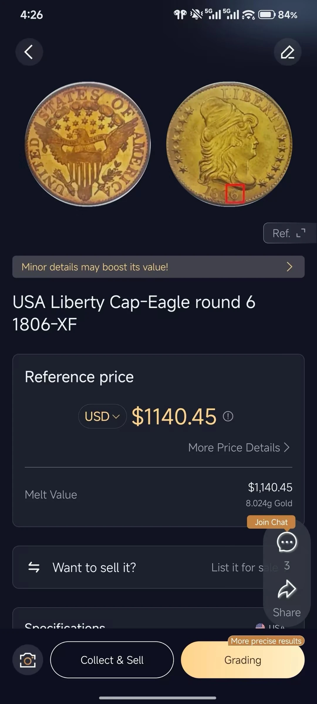 HeriBase result labeled USA Liberty Cap-Eagle round 6 1806-XF, with the date digit highlighted and a USD 1,140.45 reference price