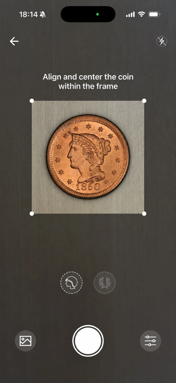 HeriBase camera screen with an 1850 U.S. one-cent coin centered inside the alignment frame