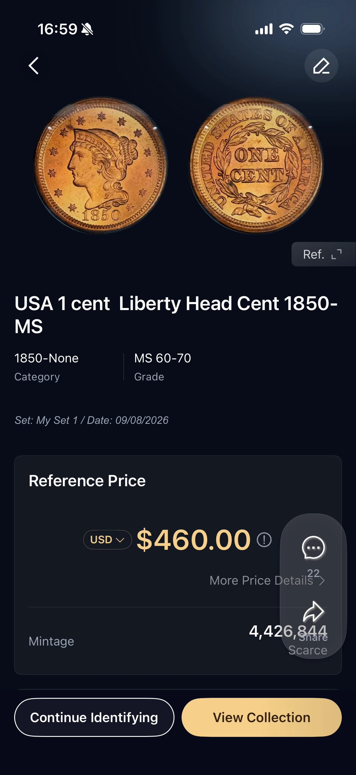 HeriBase result for the 1850 Liberty Head cent example