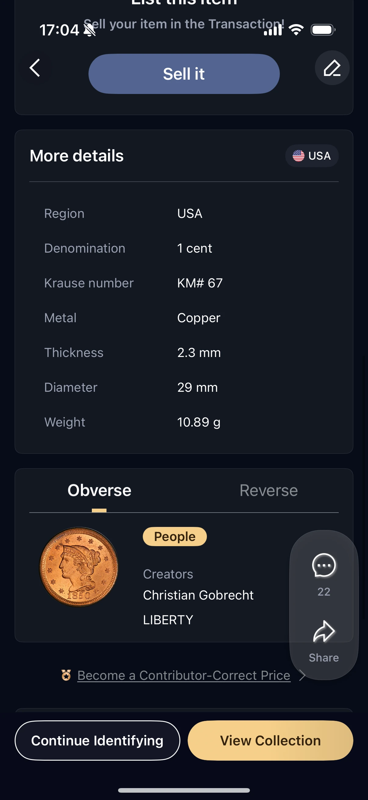 HeriBase detail page for the same coin showing catalog number, metal, dimensions, weight and obverse designer
