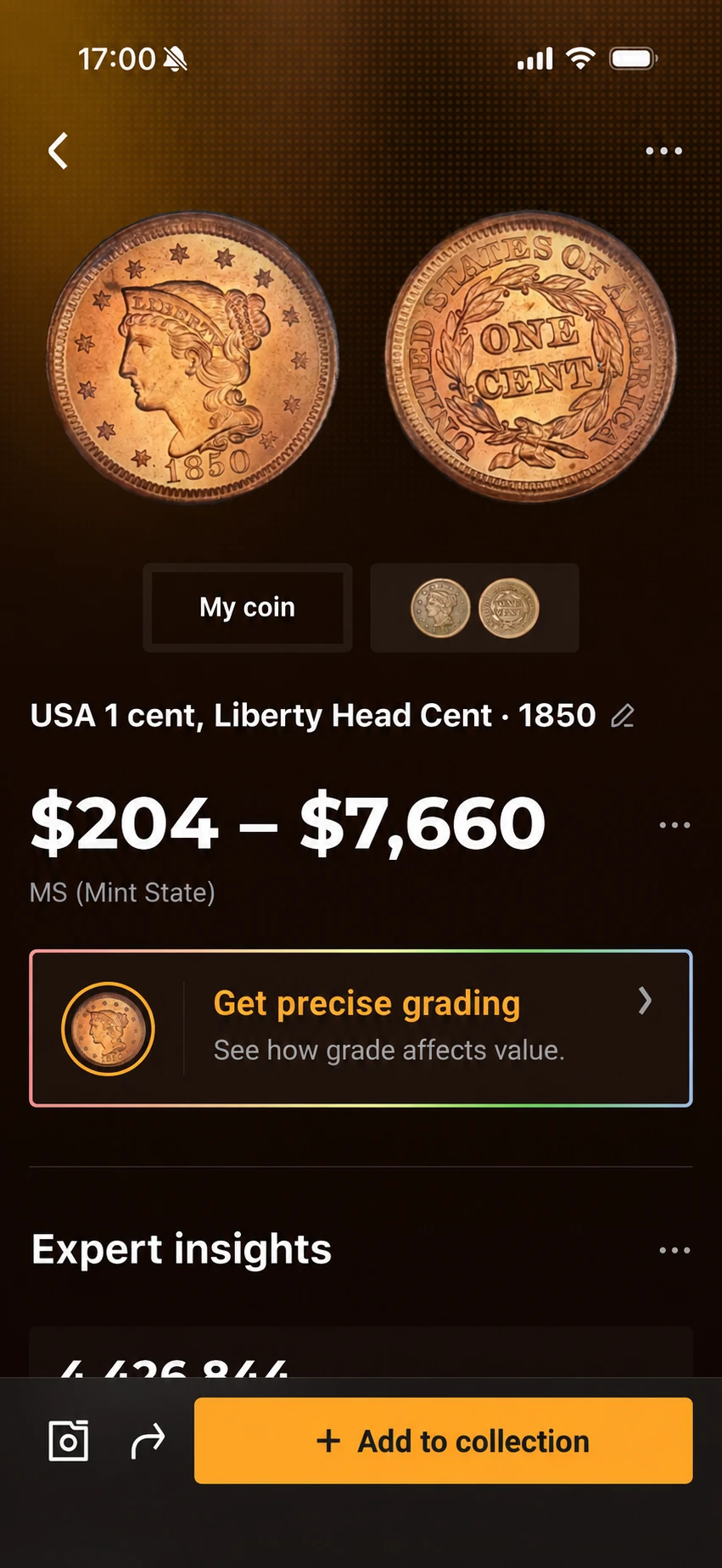 CoinSnap result for the 1850 Liberty Head cent example