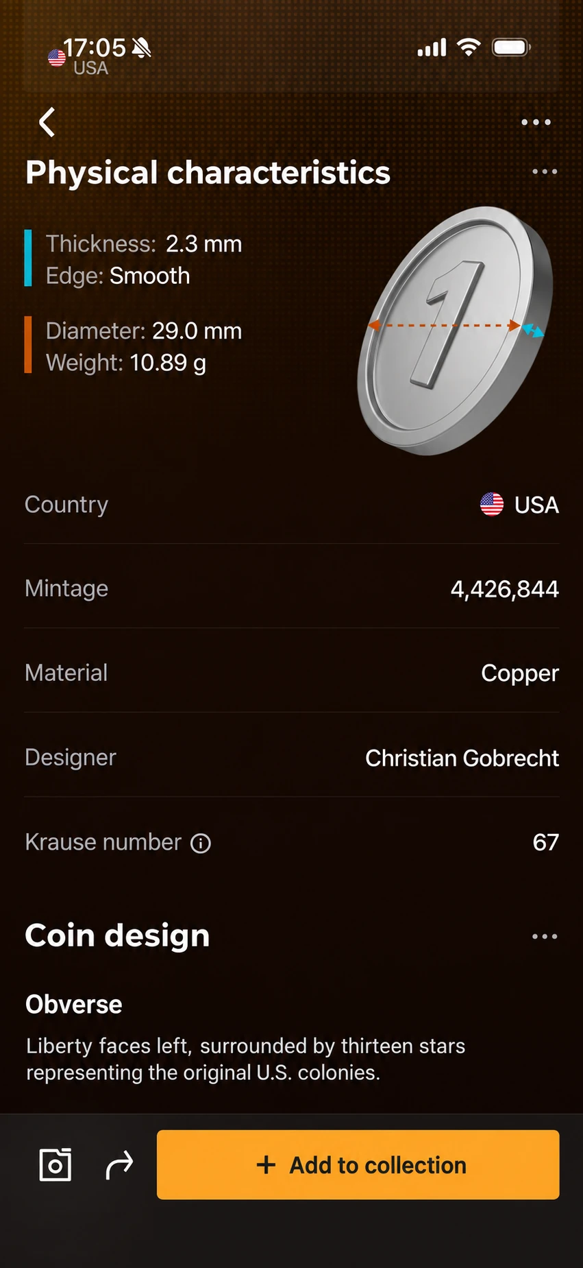 CoinSnap details for the same coin showing physical characteristics, mintage, copper, designer Christian Gobrecht and Krause number 67