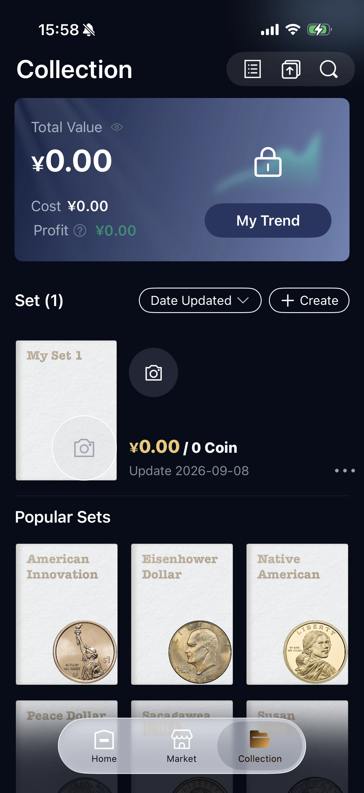 HeriBase English Collection screen showing a saved set, popular sets, and value, cost, and profit fields.