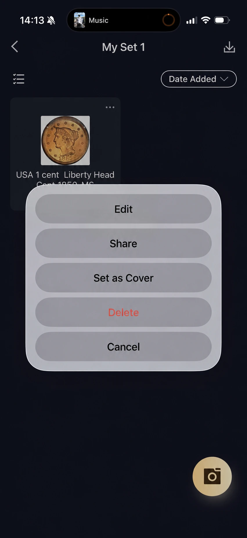 HeriBase menu for editing, sharing or deleting an individual saved coin
