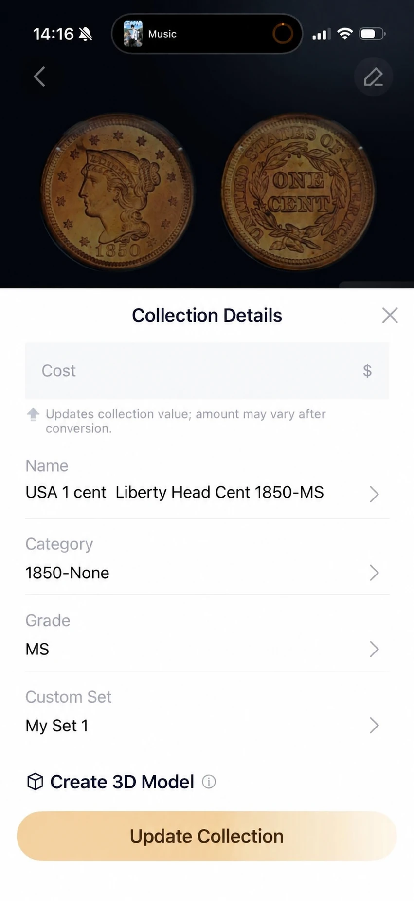 HeriBase collection details editor for cost, name, category, grade and custom set